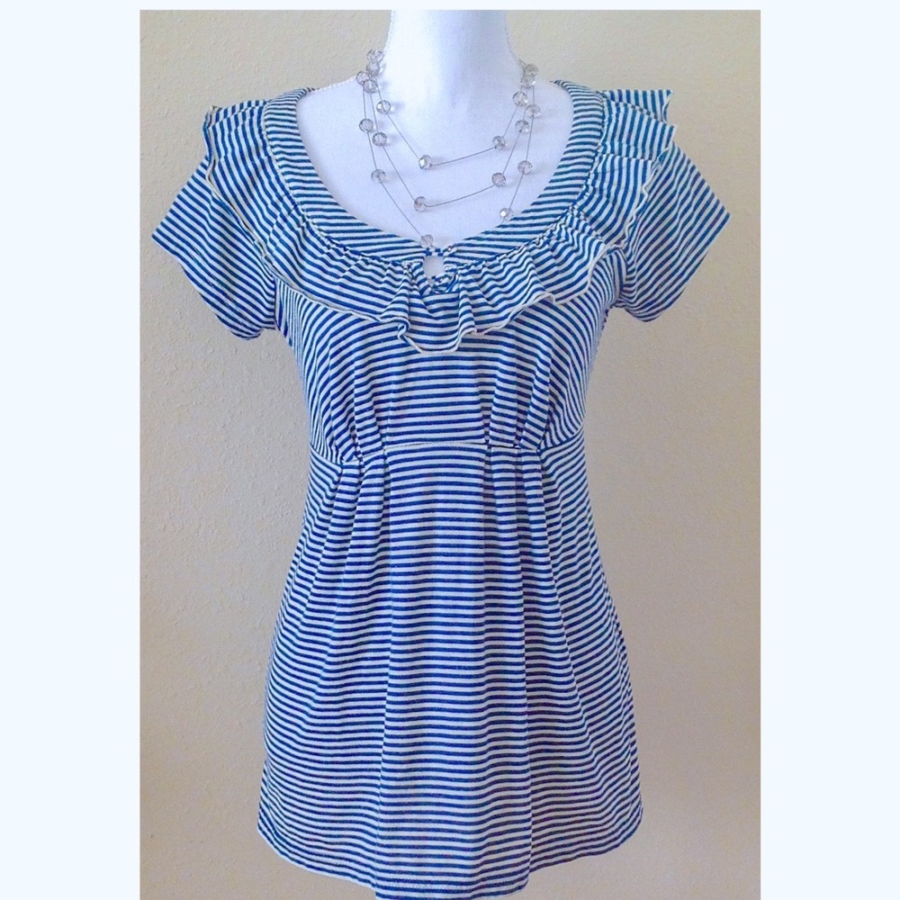 ROMY Blue Cream Ruffle Stripe Tunic Top NWOT